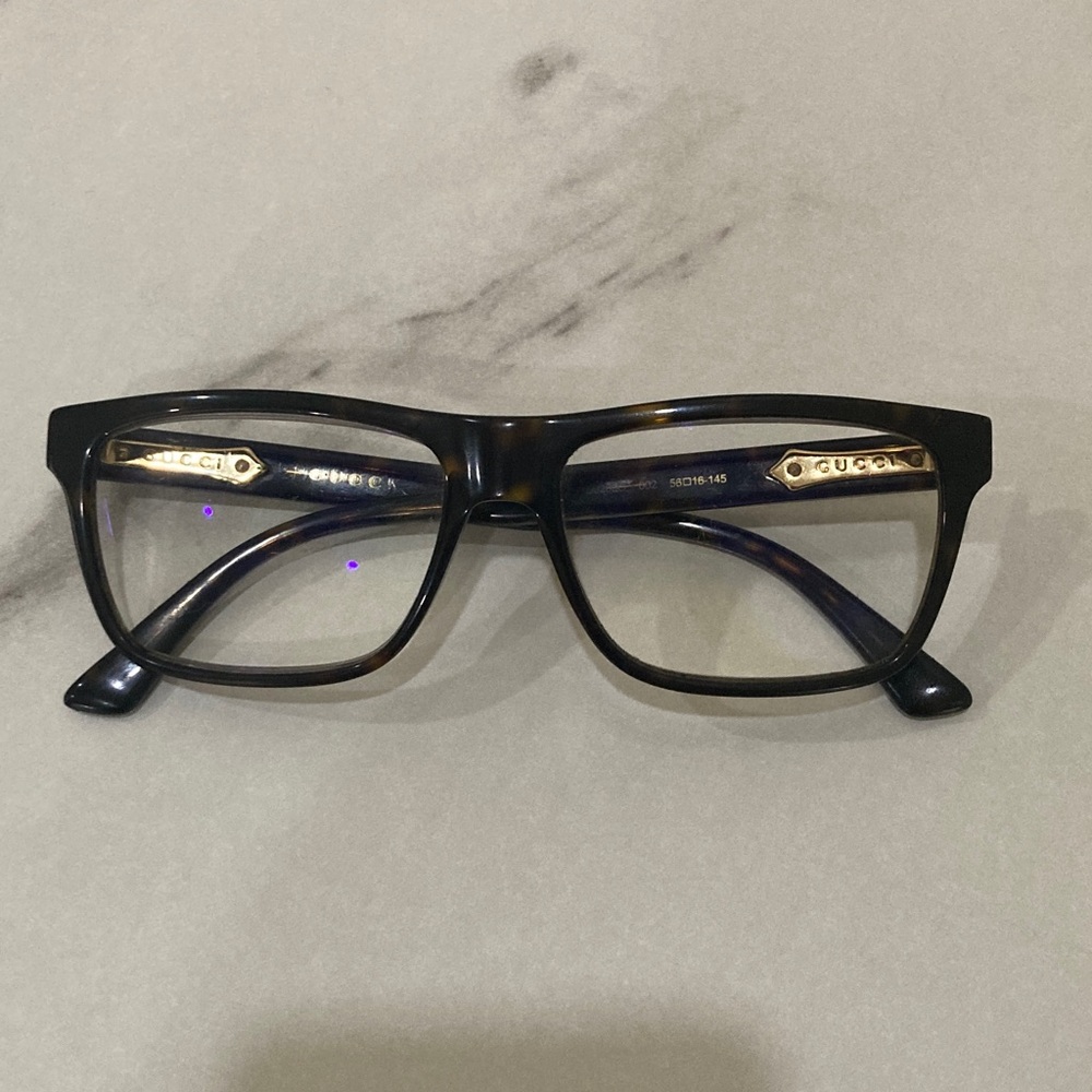 Gucci Men’s Tortoiseshell Rectangle Glasses with Gold Accents - Picture 2 of 16